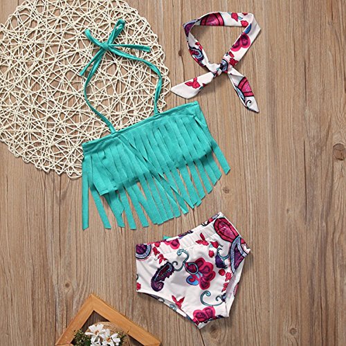 Baby Girls 3 Pcs Swimwear Tassels Halter Top+Floral Bottom+Headband Swimsuit size1-2Years/Tag90 (Blue) - Thumbnail 2