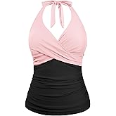Hilor Women's Underwire Tankini Tops Ruched Tummy Control Bathing Suit Tops Plunge Halter V Neck Swimsuit Twist Swim Top Only