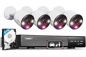 LongPlus Smart 4K 8CH Home Security Camera System, 4Pcs Wired PoE IP Cameras System Outdoor with Person/Pet/Vehicle Detection, 12MP 8CH NVR with 2TB HDD for 24-7 Recording, LP8ME84B1
