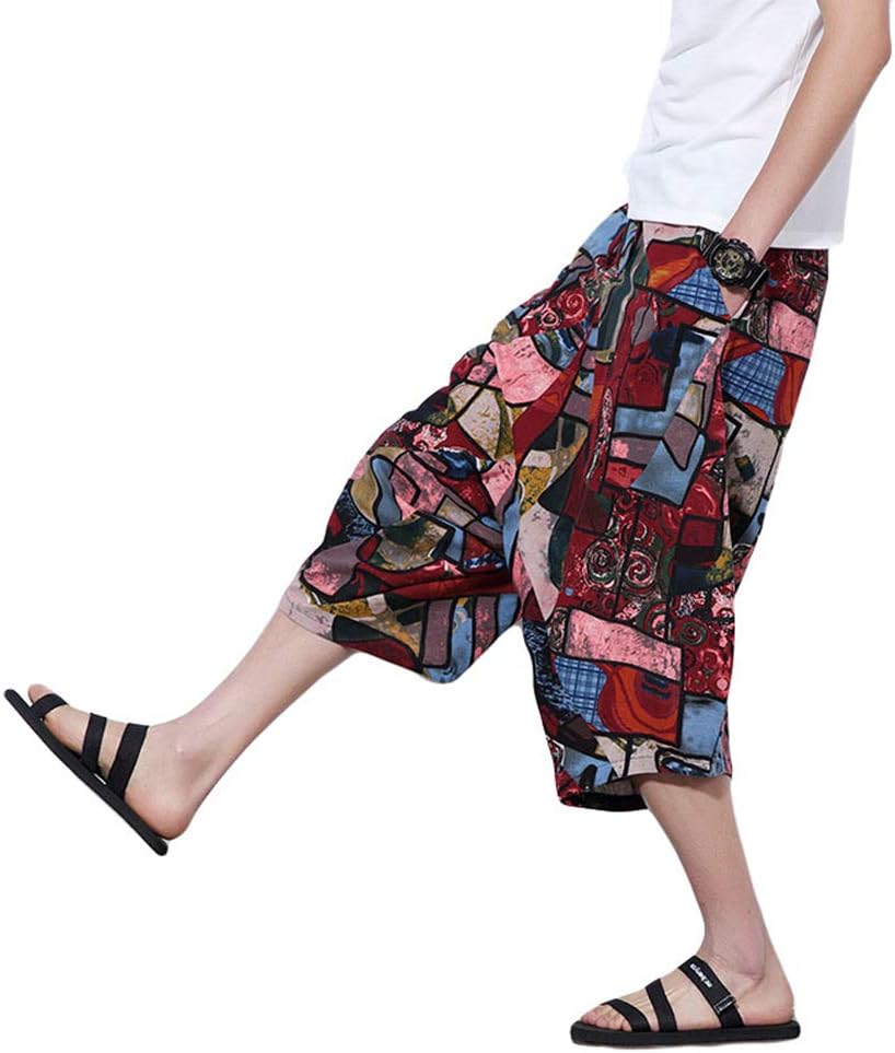 JEELINBORE Men's Summer Casual Pants Chinese Style Harem Pants Hippie Wide Leg Beach Trousers
