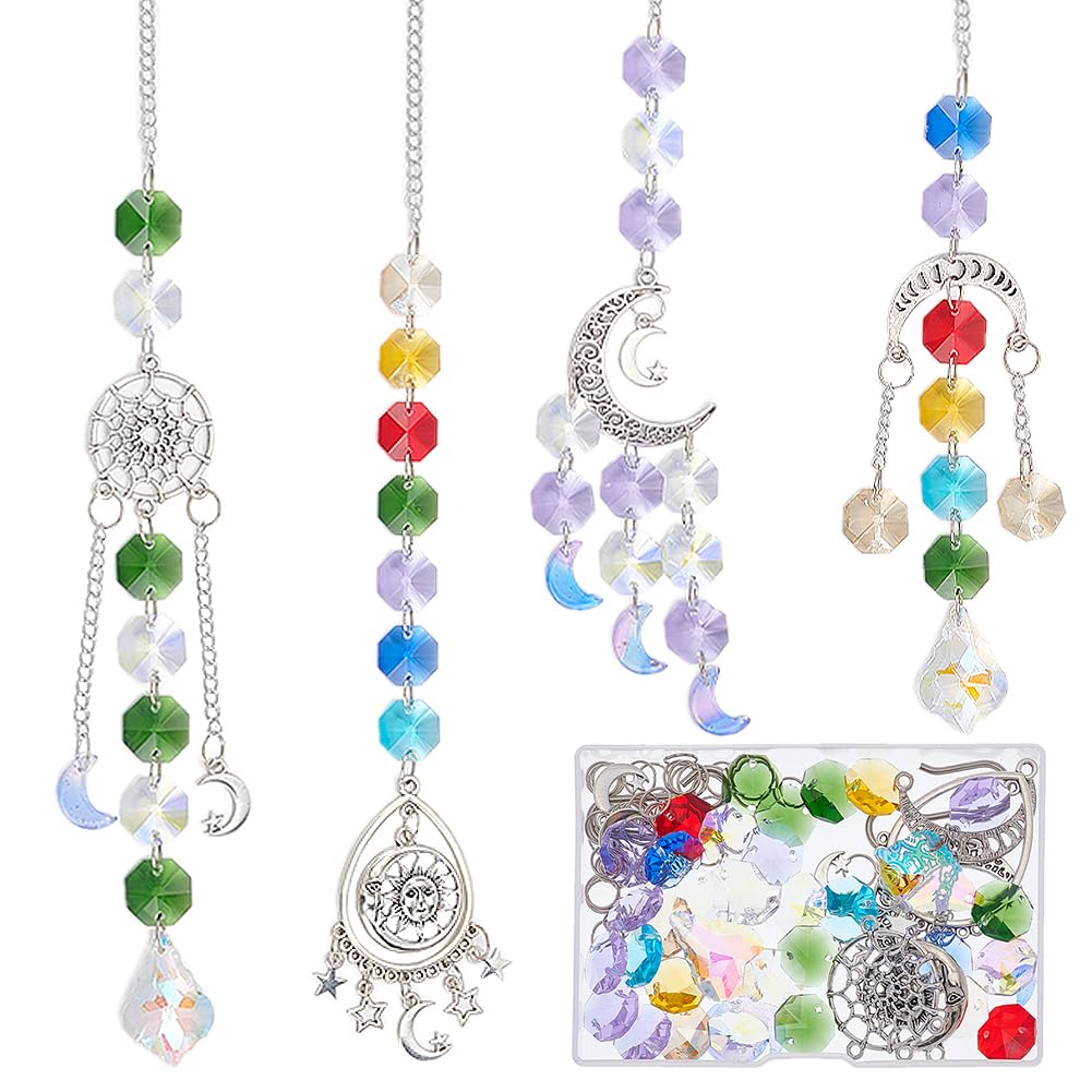 SUNNYCLUE 1 Box DIY 4 Sets Suncatcher Kits Star Moon Sun Catcher Hanging Sun Catches Glass Crystal Suncatchers Hanging Prism Suncatcher Rainbow Catcher for Adults Indoor Window Outdoor Garden Decor