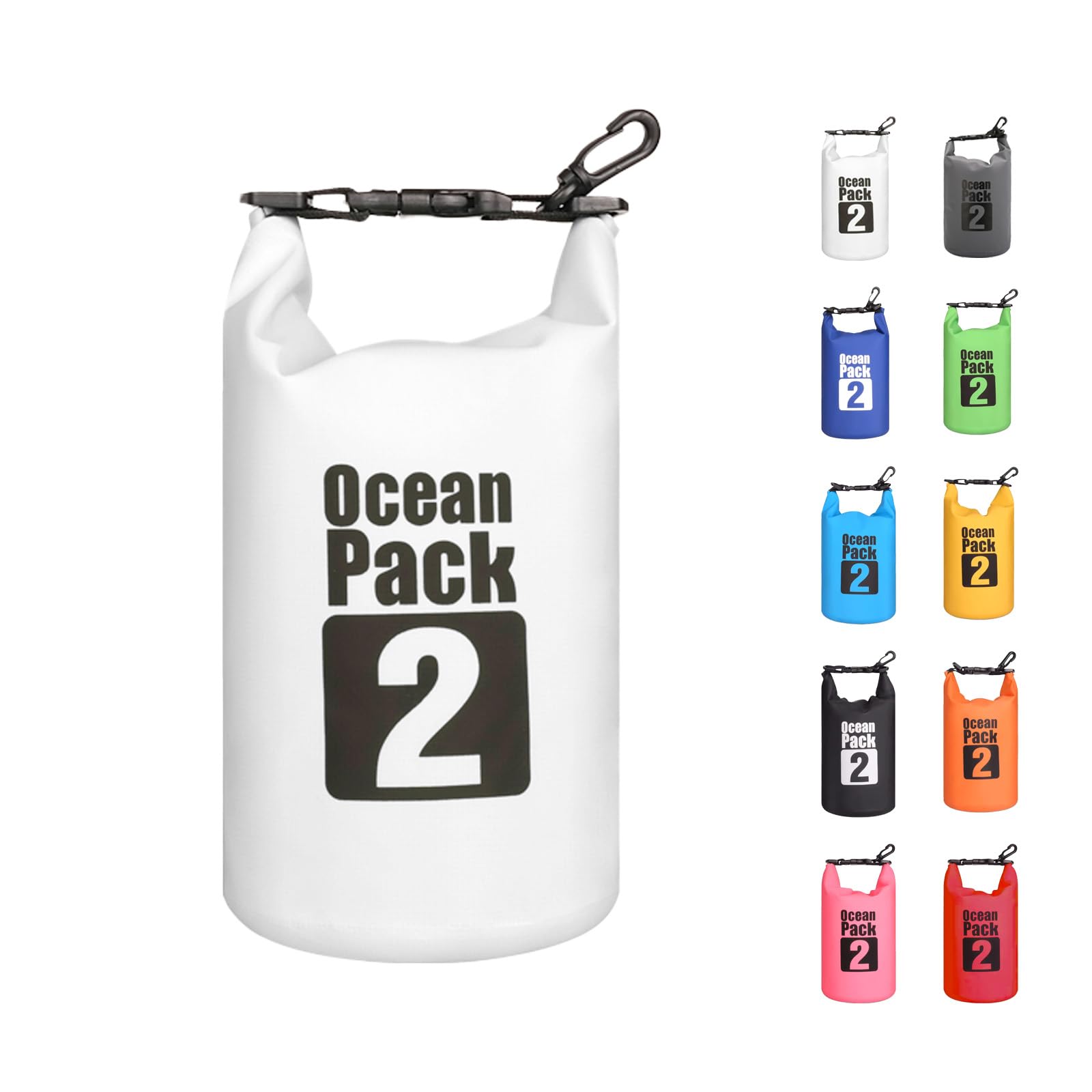 MORAINJAY 2L White Dry Bag,Waterproof Bag with D Ring Carabiner,Small Capacity Dry Sack 2L 5L 10L 15L 20L 30L for Outdoor Camping,Rafting,Swimming,Boating,Surfing