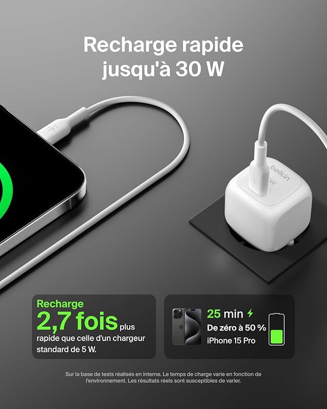 BoostCharge Chargeur Secteur 30W, Compact et Portable, USB-C Power Delivery, pour Tous modèles de l' Apple iPhone 17, Air, 16, 15, Samsung Galaxy, iPad, AirPods, Pixel, tablettes, etc. - Blanc