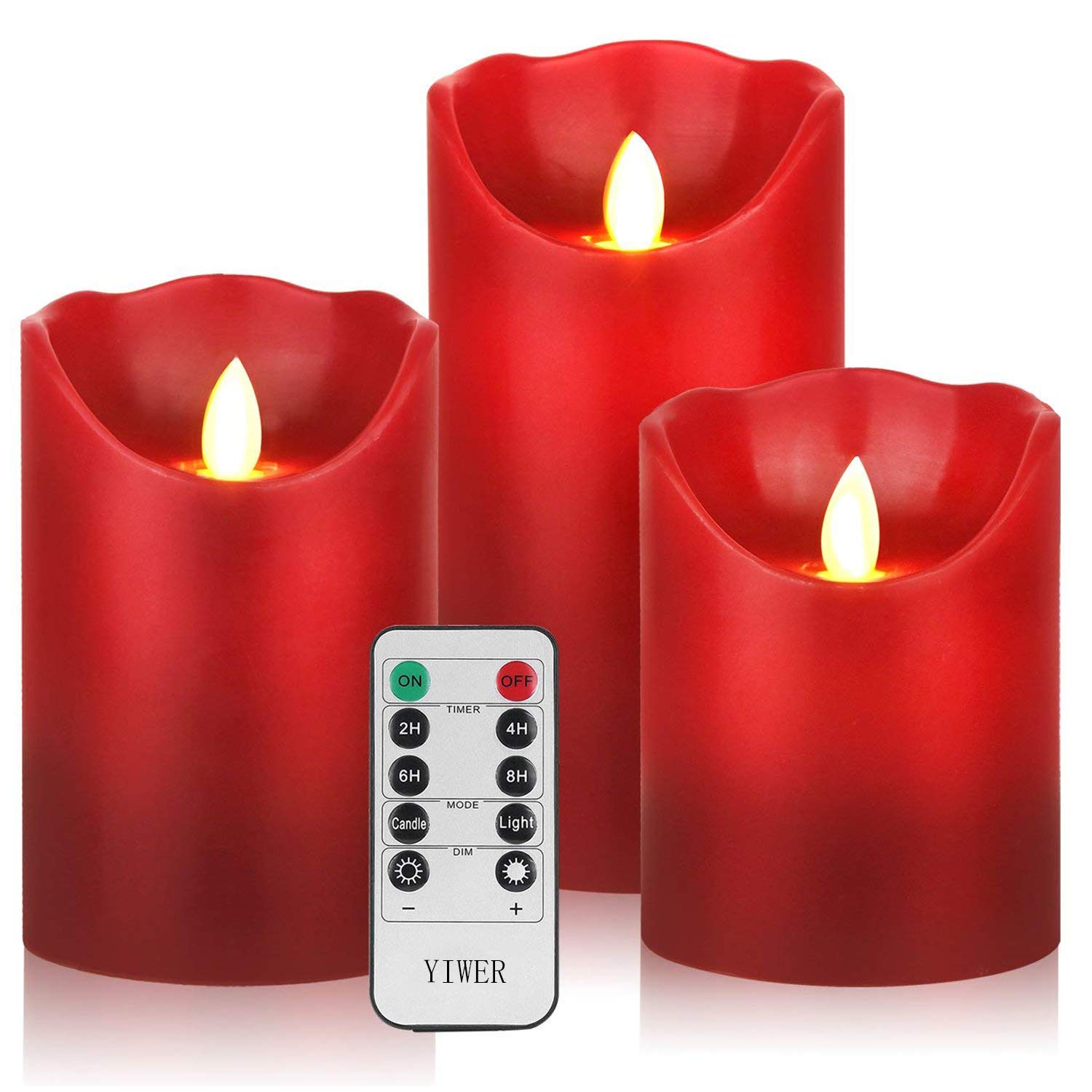 YIWER Battery Candle 4" 5" 6" Set of 3 Real Wax Not Plastic Pillars Include Realistic Dancing LED Flames and 10-Key Remote Control with 2/4/6/8-hours Timer Function 200 Hours (3x1, Red) — image 1