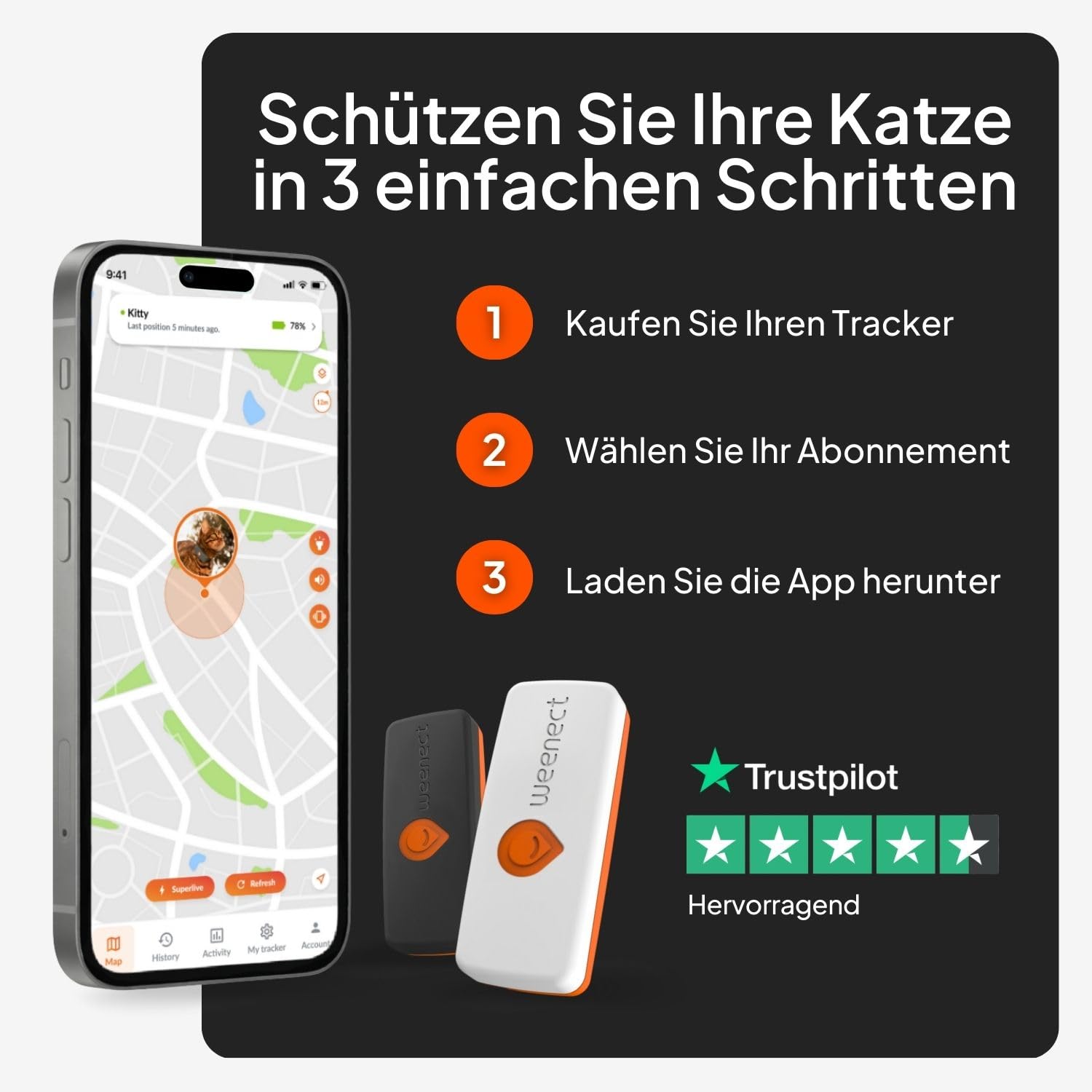 Weenect XS für Katzen - NEU Mini GPS-Tracker für Katzen | GPS-Tracking in Echtzeit | Ohne Distanzlimit | Kleinstes Modell auf dem Markt | Halsband inkludiert | Abonnement 6