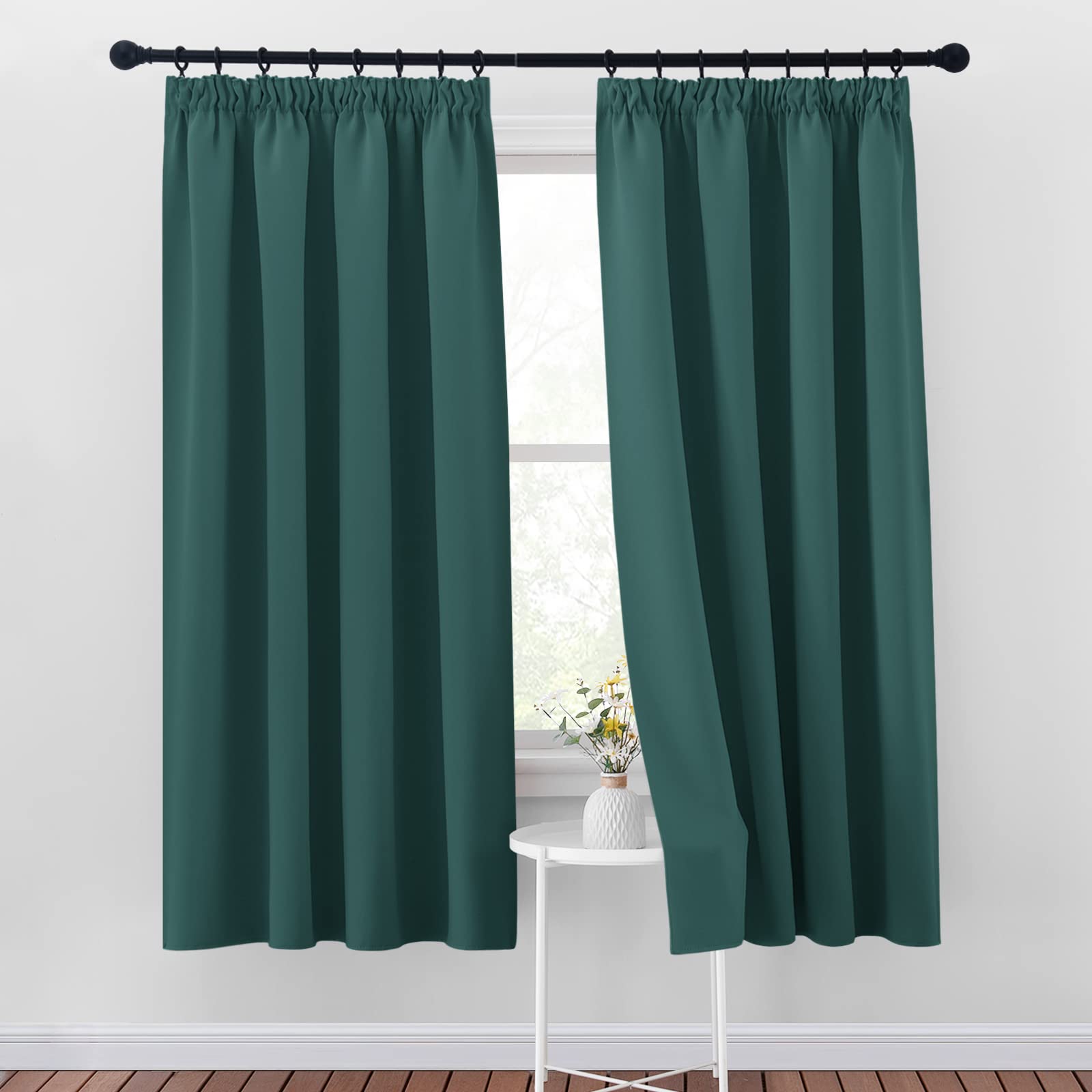 PONY DANCE Thermal Insulated Pencil Pleat Blackout Curtains - Festive Home Decor Dark Green Privacy Protected Window Treatment Drapes for Living Room Bedroom Study, 2 Panels, W46 X L72