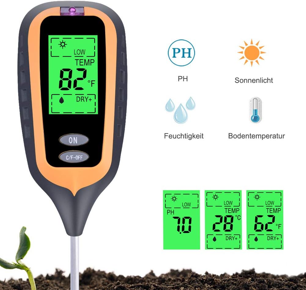 4-in-1 Soil Test Moisture Meter,PH Levels Temperature Sunlight Intensity Survey Instrument for Indoor Outdoor Garden Farm Lawn Plant Grain Flower Grass Care