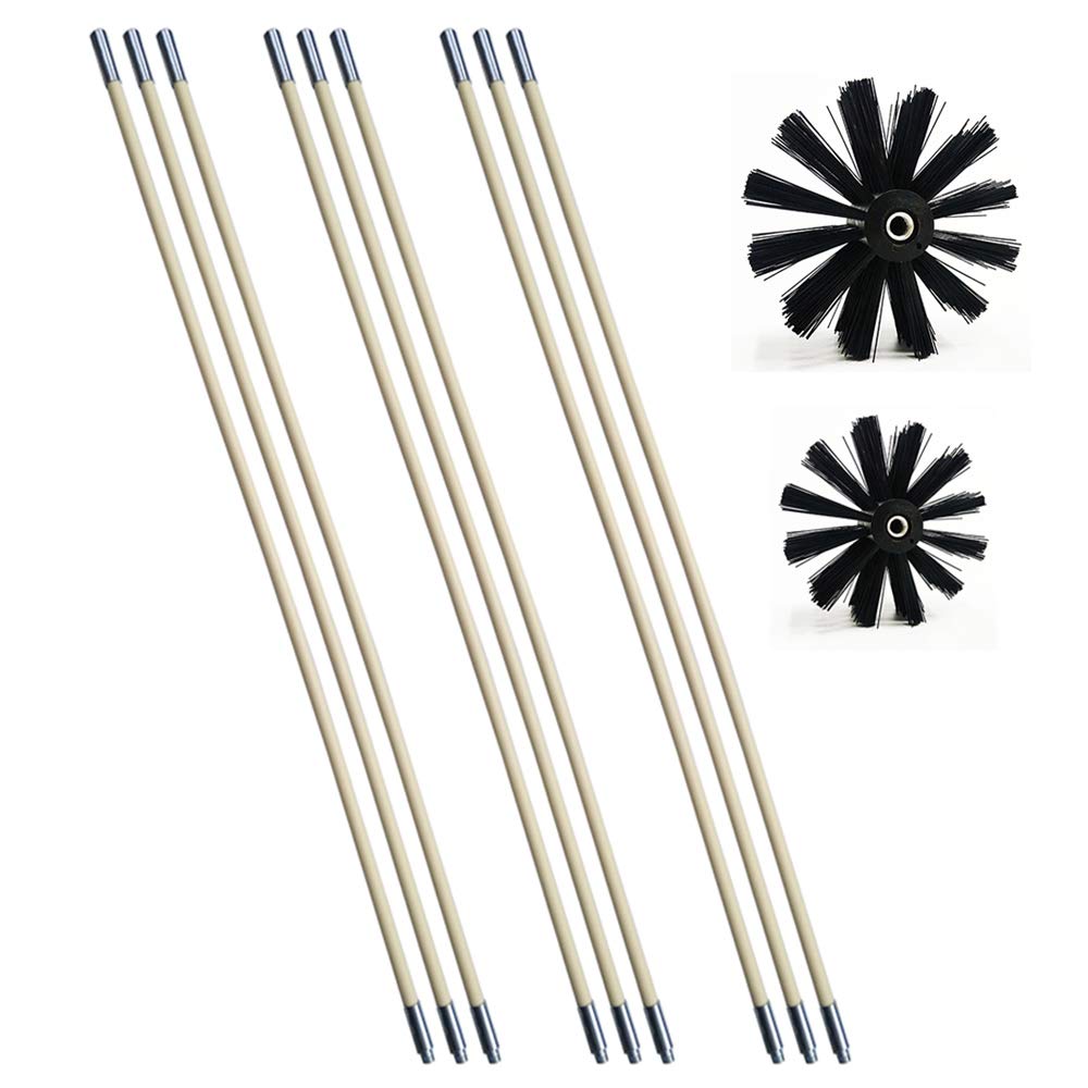 Chimney Cleaning Brush Dryer Duct Cleaner 2-in-1 Kit Fireplace Drier Vent Lint Sweeping Tools 18’ Flexible Rods Rotary System Working with or without Drill