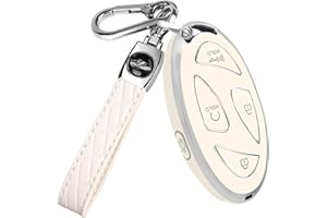QBUC for Hyundai Ioniq 6 Key Fob Cover,TPU 360 Degree Car Key Case Protector with Leather Keychain Compatible with Hyundai Ioniq 6 Grandeur GN7 KONA 2023 2024 Smart 5 Buttons Smart Key(White)