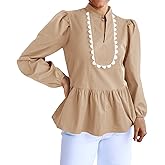 Cicy Bell Womens Puff Long Sleeve Peplum Blouses Babydoll V Neck Ruffle Tops Cute Cotton Loose Fit Shirts