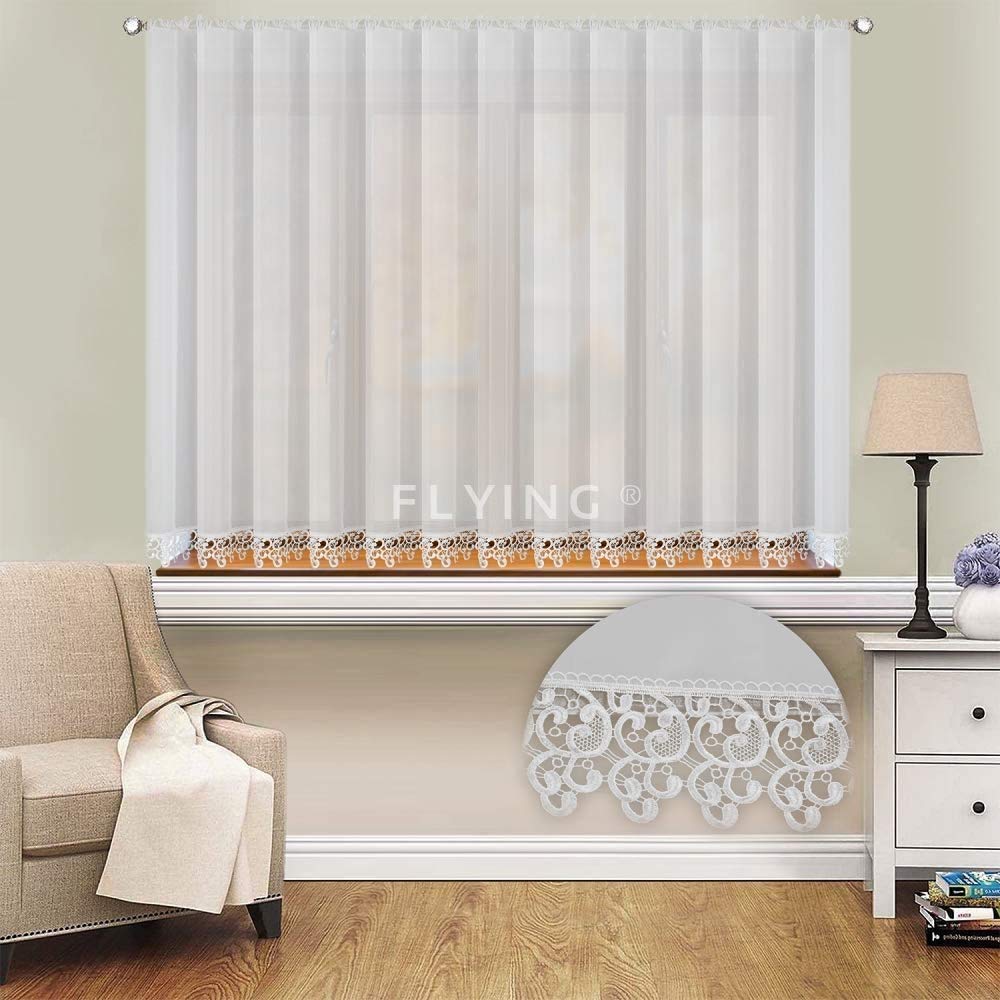 FKL Beautiful Voile Curtain with Ruffle Tape Curtains Living Room White Short Window Kitchen Guipure Curtains with Ruffle Tape Modern White LB-20 (150 x 300 cm)