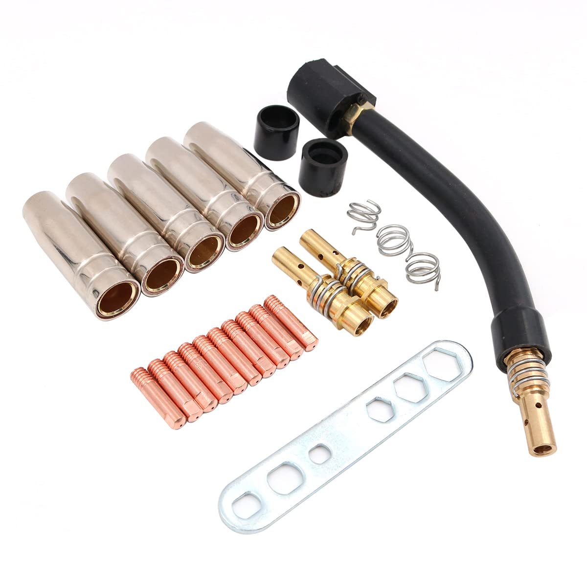 Shiwaki 24PCS Nozzles Contact Tips, Contact Tubes Nozzles/Contact Tip Holders/Retaining Springs/Insulating Sleeves/Wrench/Gooseneck 15AK Set for MIG MAG Welder