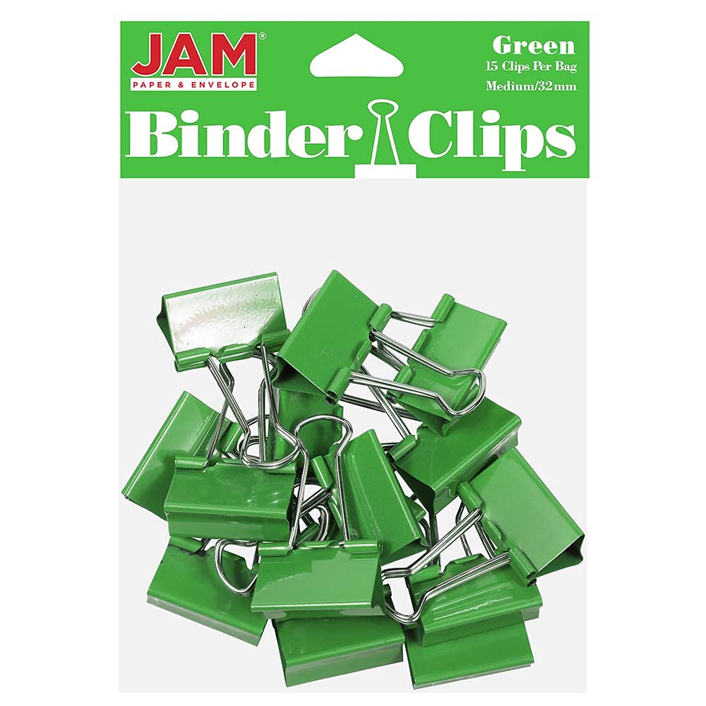 JAM PAPER Colourful Binder Clips - Medium - 32 mm - Green Binderclips - 15/Pack