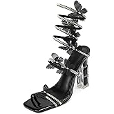 VOZTOLLS Womens Lace Up Sandals Square Open Toe Chunky High Heels Rhinestone Strappy High Block Heel Sandals Sparkly Dress Party Wedding Shoes