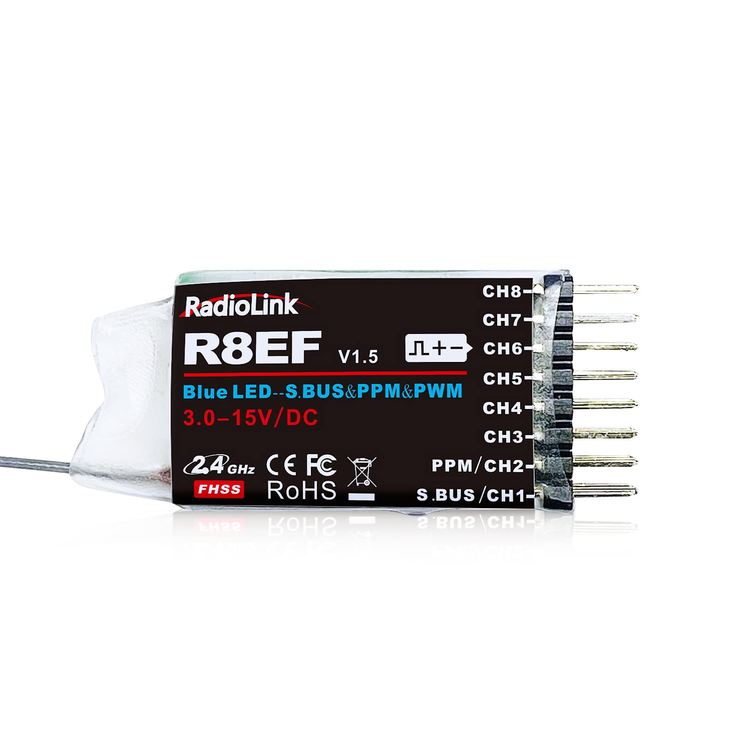 Radiolink R8EF RC Receiver 2.4 GHz SBUS/PPM/PWM 8 Channels Long Range up to 2000 m for Aeroplane Compatible with RC6GS V3/RC4GS V3/T8FB/T8S/RC8X/T16D/T12D