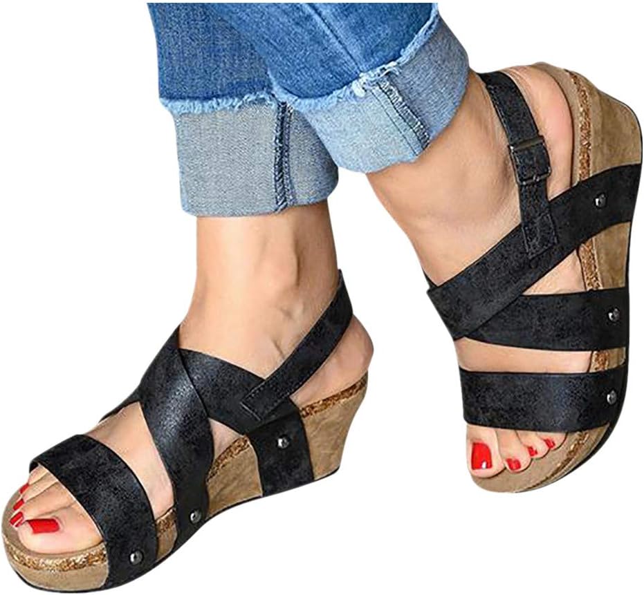 Kinrui Women Shoes Womens Platform Wedges Sandals Cutout Belt Open Toe Slingback Faux Leather Cork Heel Ankle Bootie