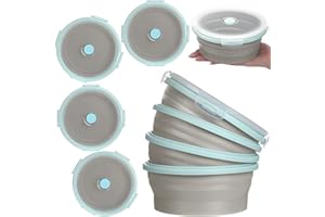Suclain 4 Pcs Camping Bowl with Lid Collapsible Silicone Lunch Box Salad Bowl Expandable Food Storage Container Folding Travel Container for Hiking Camping(Blue Rim Gray,27 oz)