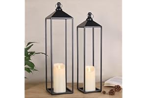 MATAHUM 22'' 19'' Large Lanterns Decorative Outdoor Indoor, Set of 2 Black Metal Candle Lanterns Halloween Lanterns Modern Farmhouse Floor Lanterns Decorative for Home Decor, Mantle, Patio, Porch, Garden