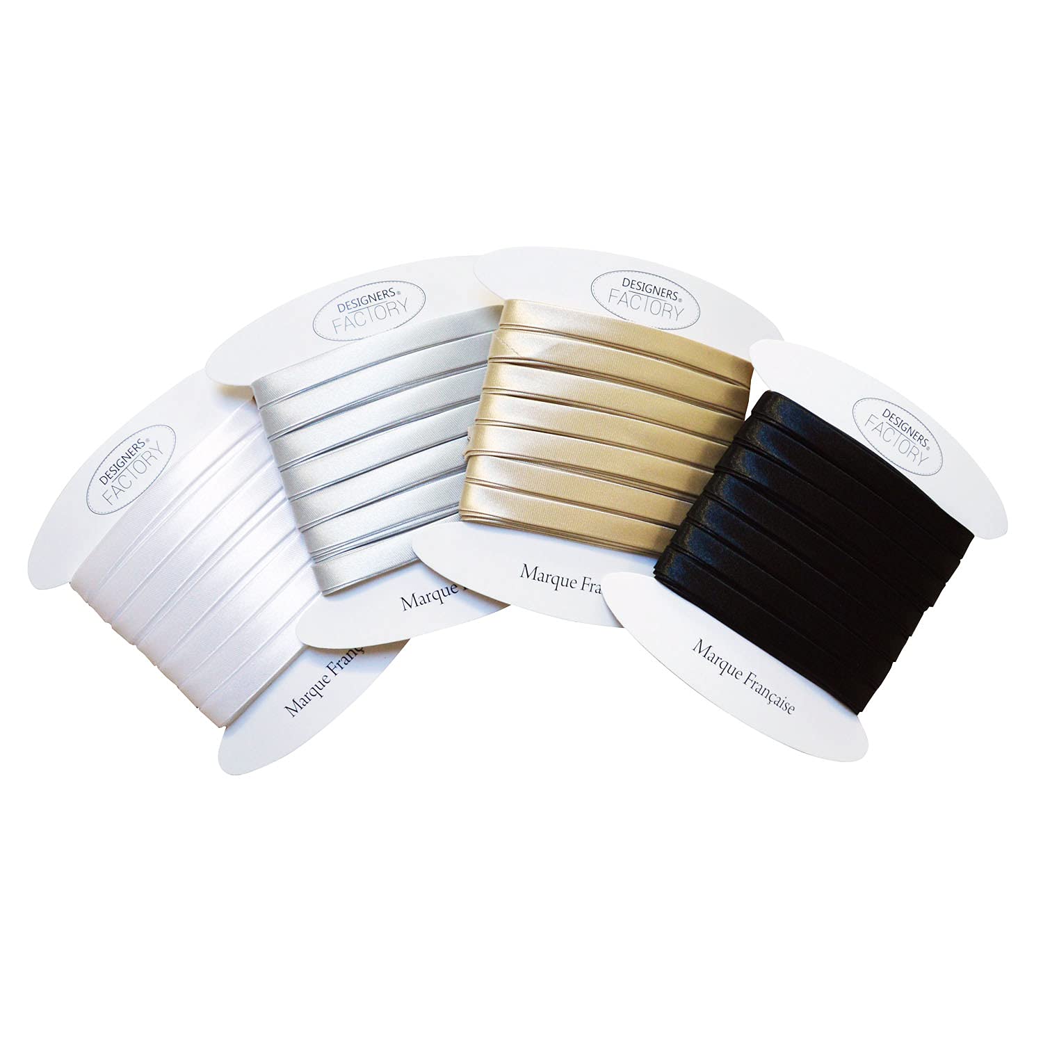 Beautiful Quality Satin Bias Binding - Satin Bias Binding Ideal for Refined Finishes. (Pack of 4 Bias Binding (5 Metres), White, Black, Gold, Silver)