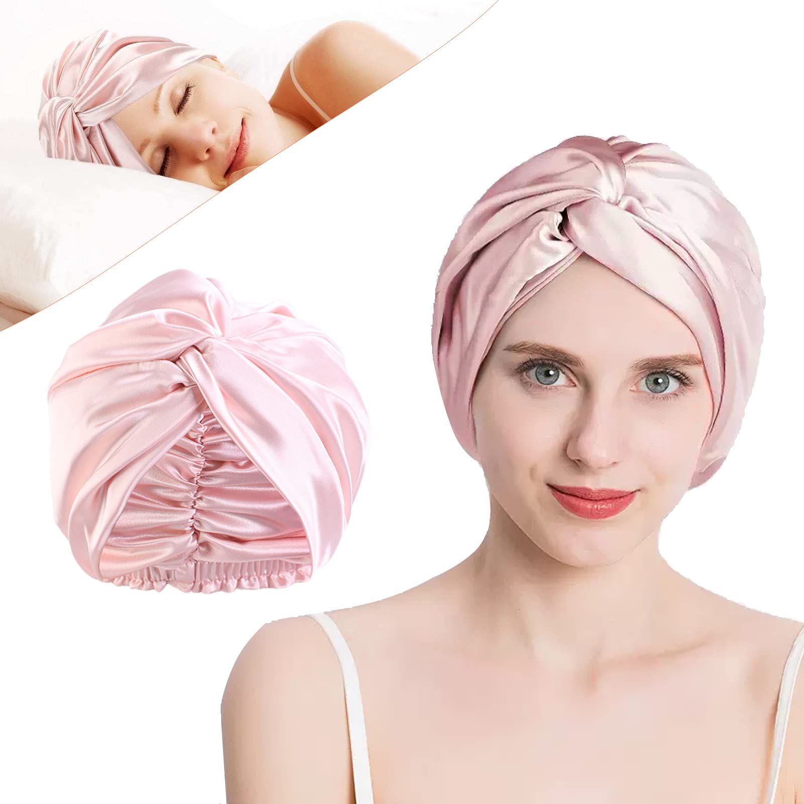 MUFEKUM Silk Hair Wrap for Sleeping, Double Layer Imitation Silk Bonnet Sleep Night Cap for Women Hair Care, Soft Hair Bonnet with Elastic Band for Sleeping, Washing, Makeup (Pink)