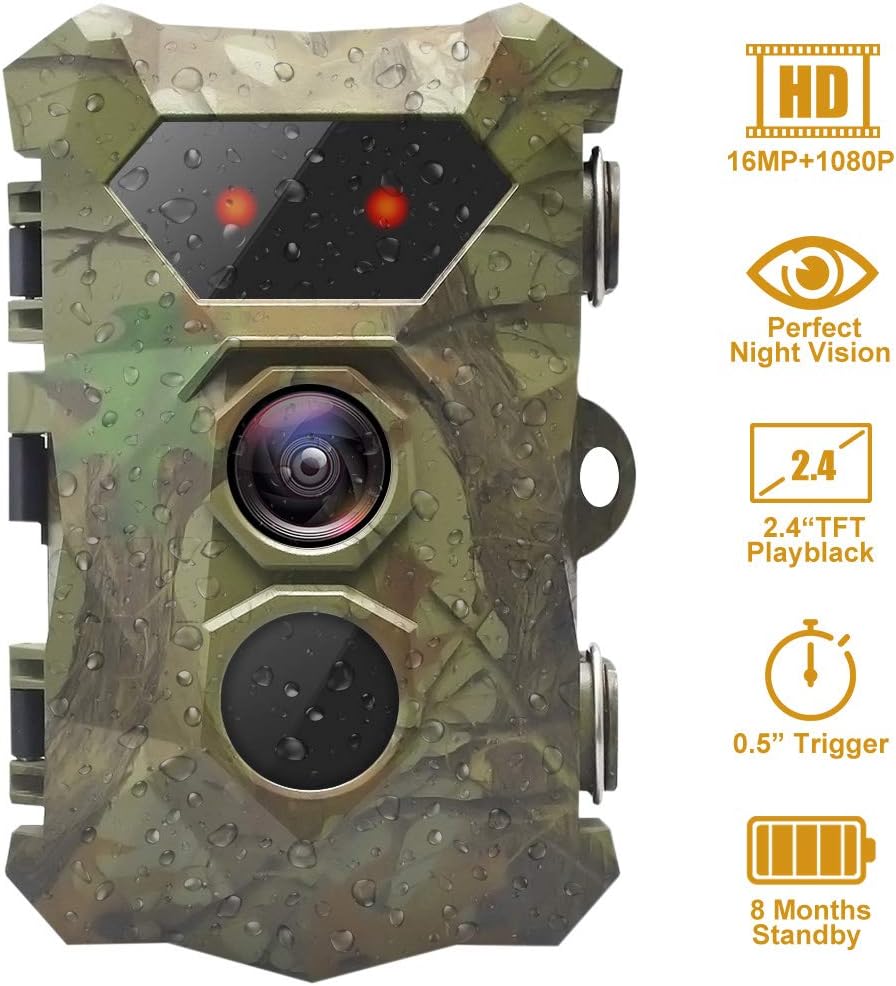Trail Game Camera, 1080P 16MP Wildlife Camera Motion Activated Night Vision IP66 Waterproof Cam for Hunting, Home Security, Backyard Monitoring, Scouting