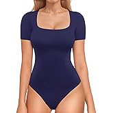 MANGOPOP Women Square Neck Short Sleeve Bodysuit Double Lined Thong Body Suits Shirts Basic Top