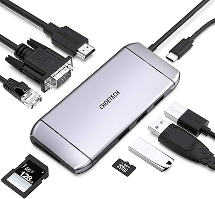 Amazon Usb C ハブ 9 In 1 超軽量 Choetech Type C ハブ Lan Rj45 3ポート5gbps Usb3 0 4k Hdmi Vga 60hz 100w Pd急速充電ポート 超高速tf Sdカードリーダー 4kドッキングステーション Macbook Pro 19 18