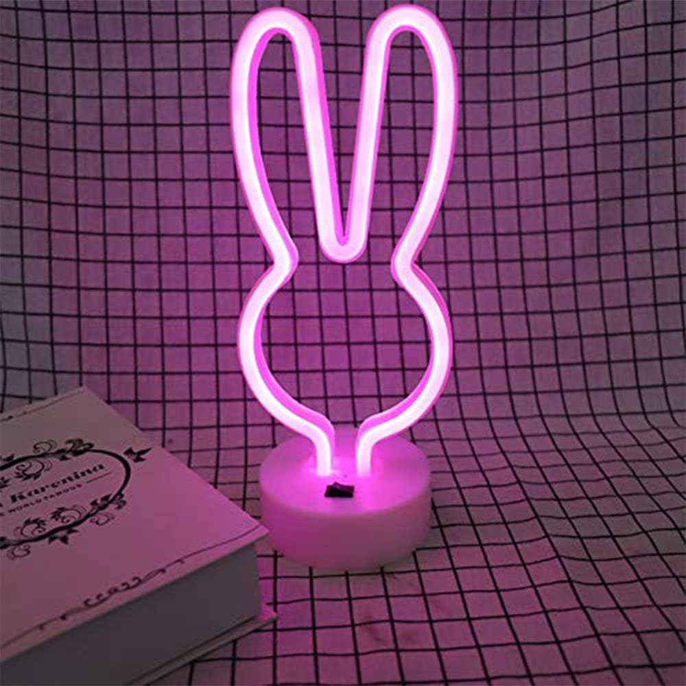ENUOLI Creative LED Rabbit Head Neon Lights Lovely Neon Signs Lamp with Pedestal Battery & USB Powered Night Lights Cute Pink Rabbit Head Neon Lights for Kids Wedding Christmas Decoration