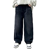 Boy's Baggy Jeans Elastic Waist Pull On Denim Pants Classic Straight Wide Leg Jeans for Kids 6-14 Years