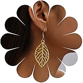 Ximdble Vintage Wooden Leaf Dangle Earrings Large Wooden Leaf Earrings Yellow Exaggerated Leaf Stud Earrings Hollow Leaf Drop Earrings Jewelry for Women