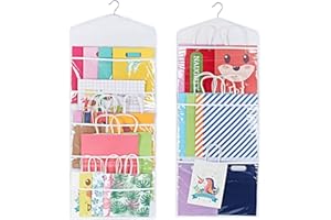 ProPik Hanging Double Sided Gift Bag Storage Organizer with Multiple Front and Back Pockets - Organize Your Gift Wrap, Tissue Paper, and Paper Bags 38 x 16 Inch PVC (White)