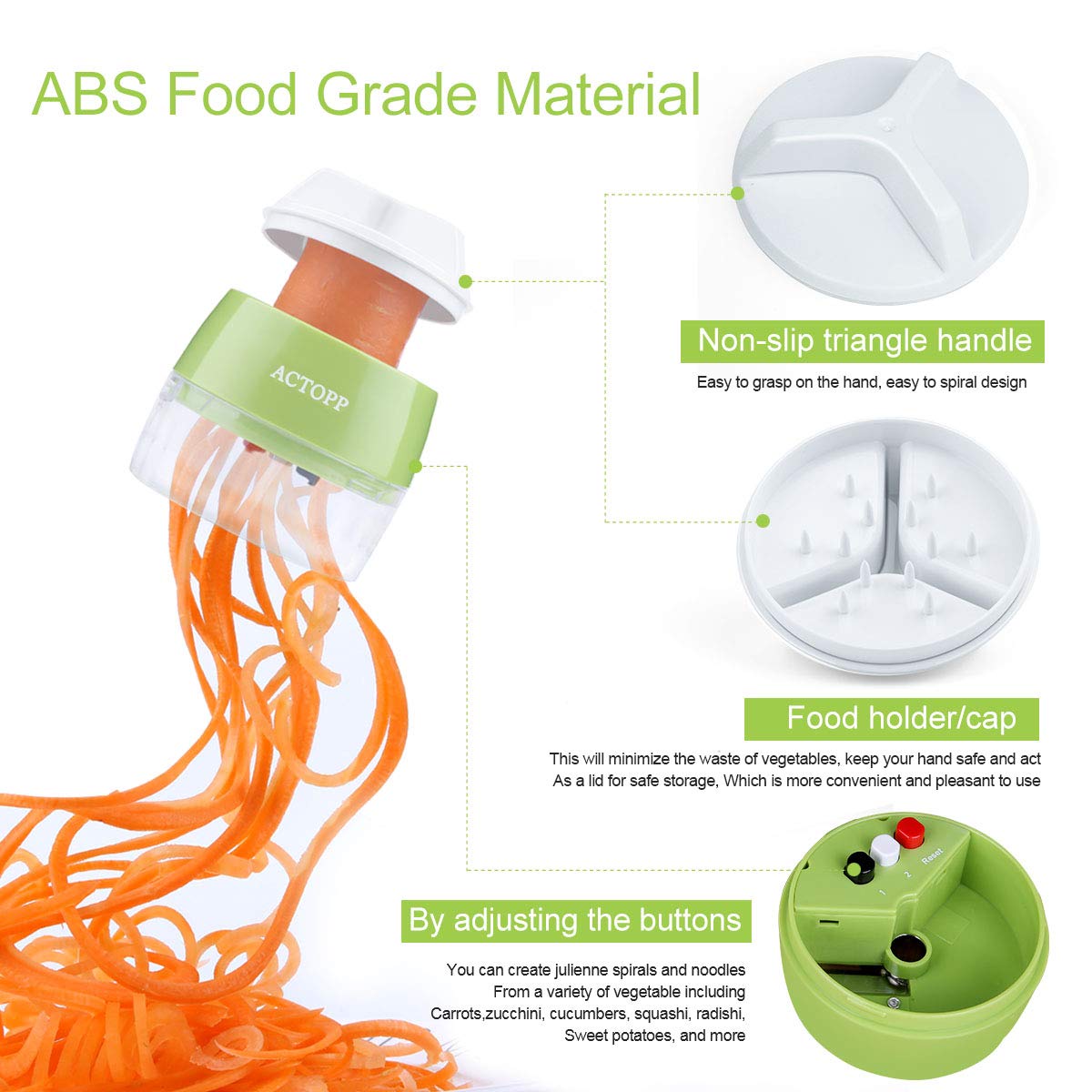 Vegetable Spiralizer ACTOPP Spiral Slicer Green Vegetable Cutter Small and Lightweight Hand Held Spiralizer Creats Continuous Noodles for Zucchini Cucumber Carrot Pumpkin (Green)