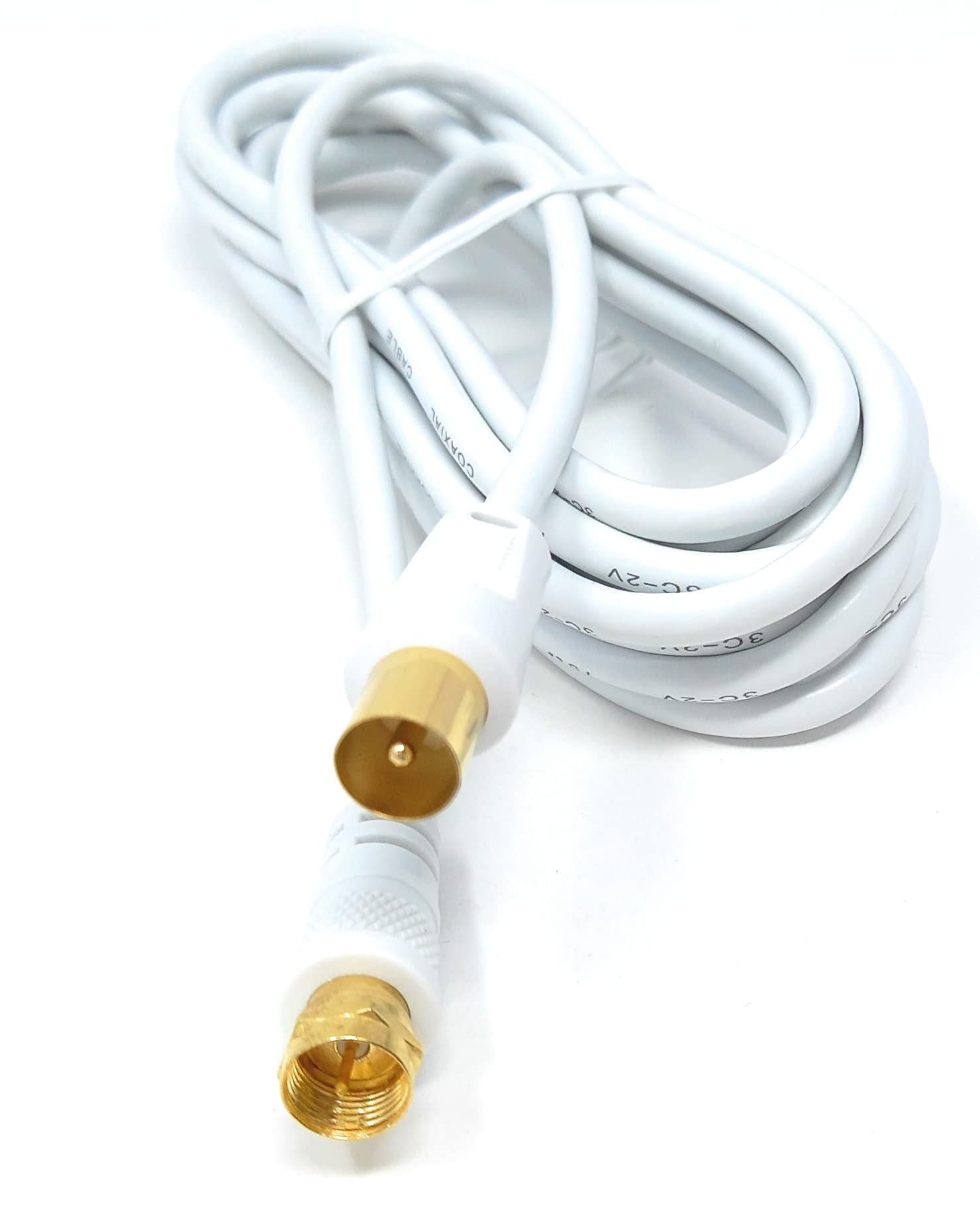 DRUT 3m RF TV Aerial Male to F Type Connector Male Plug Coaxial Coax Cable, Lead, 75 Ohm, 3C-2V 10ft White Gold Connectors