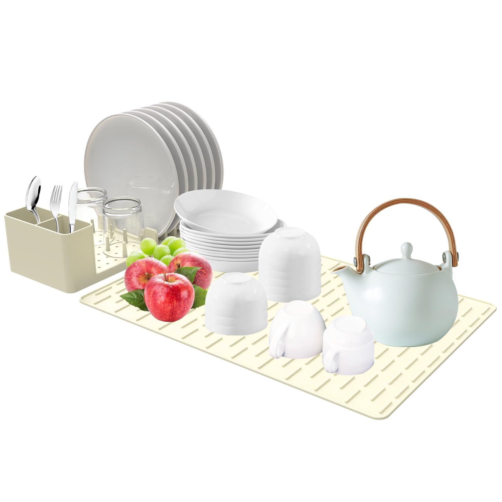 Photo 1 of ***MISSING LARGER MAT*** Silicone Dish Drying Mat with Rack for Kitchen Counter, DEAUNBR Dish Drying Pad Dish 19.7x13.8 inch Sink Drainer Tray Quick Dry Drain Pads, Easy to Clean Dish Rack Mat With Cutlery Holder, Cream White
