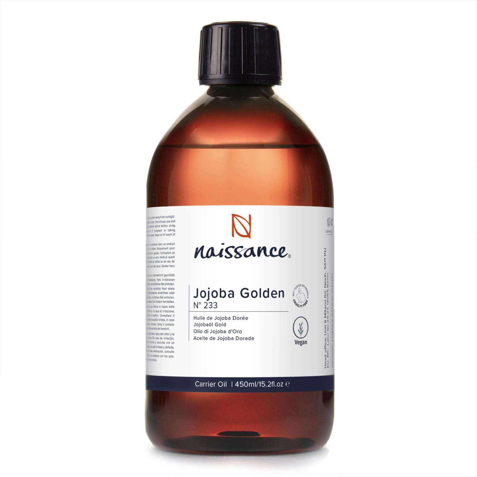 Naissance Golden Jojoba Oil (no. 233) - 450ml - for Skin, Face, Beard, Nails, Hair, Body, Scalp - Massage, Aromatherapy, Natural DIY Beauty
