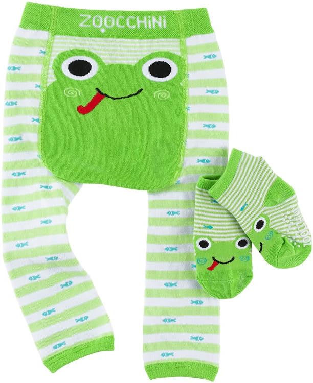 ZOOCCHINI Baby Non-Skid Comfort Crawler Leggings & Socks Set - Fun Colorful Characters, 6-18 Months