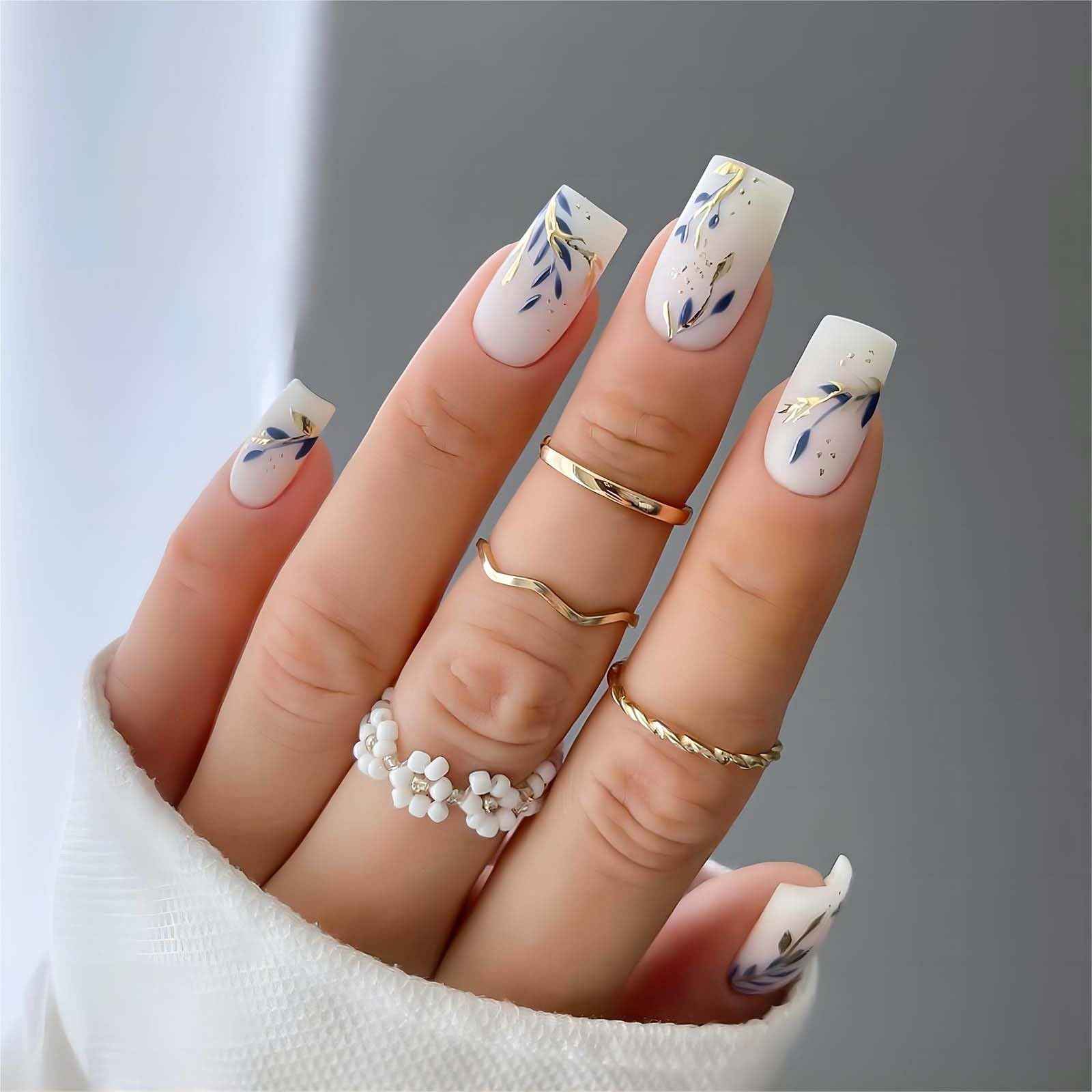 RUOKEXIN 24Pcs White Square Press-on Nails with Gold Blue Leaf Designs, Glossy Acrylic False Nails, 12 Different Sizes, 1 Fl Oz (Pack of 24), 18 Sets