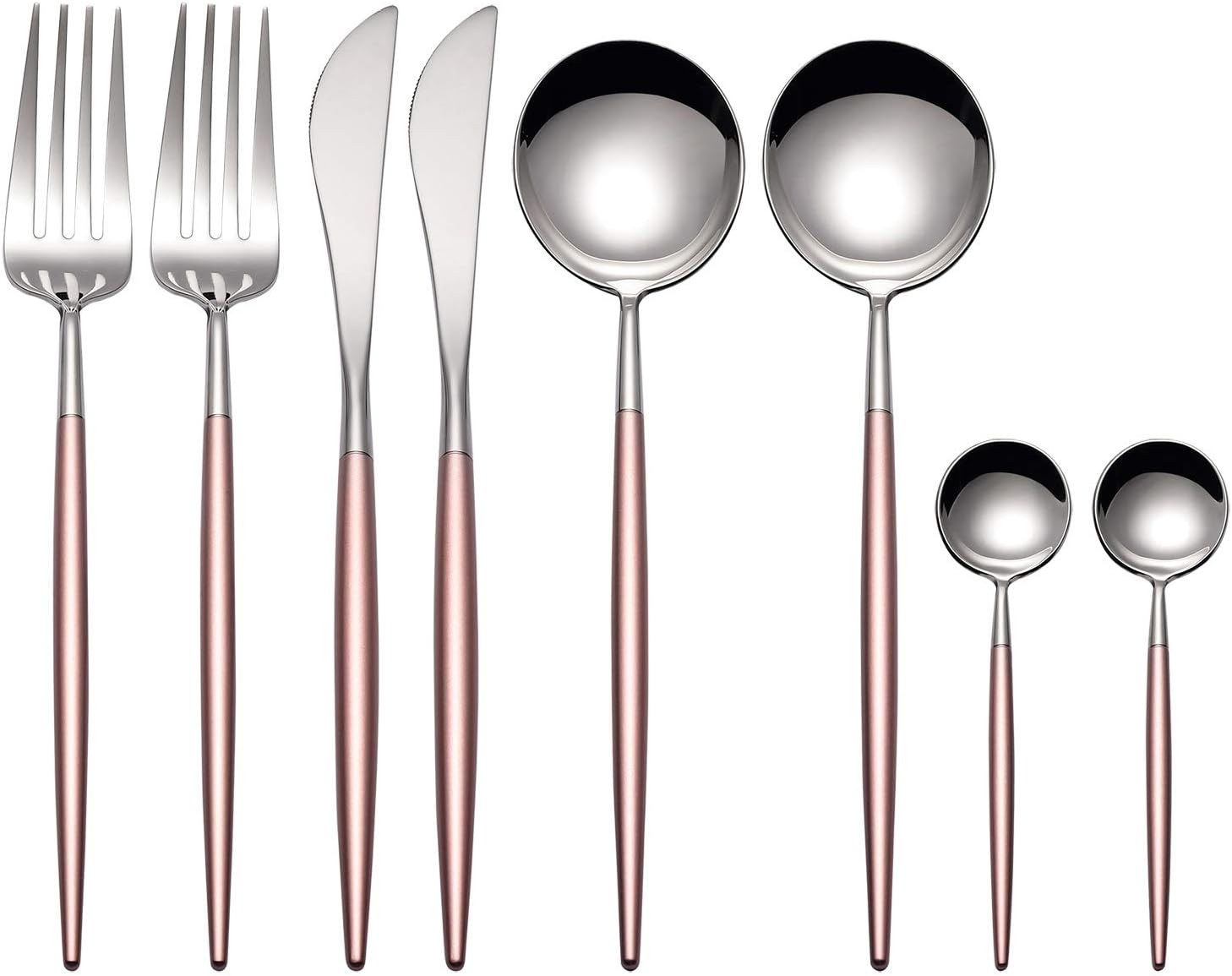 MORGIANA 8 Pieces Flatware Sets 18/10 Stainless Steel Cutlery Set, Silverware Set, Dinnerware Set Including Dinner Knife Spoon Fork Teaspoon, Service for 2 (Silver and Pink)