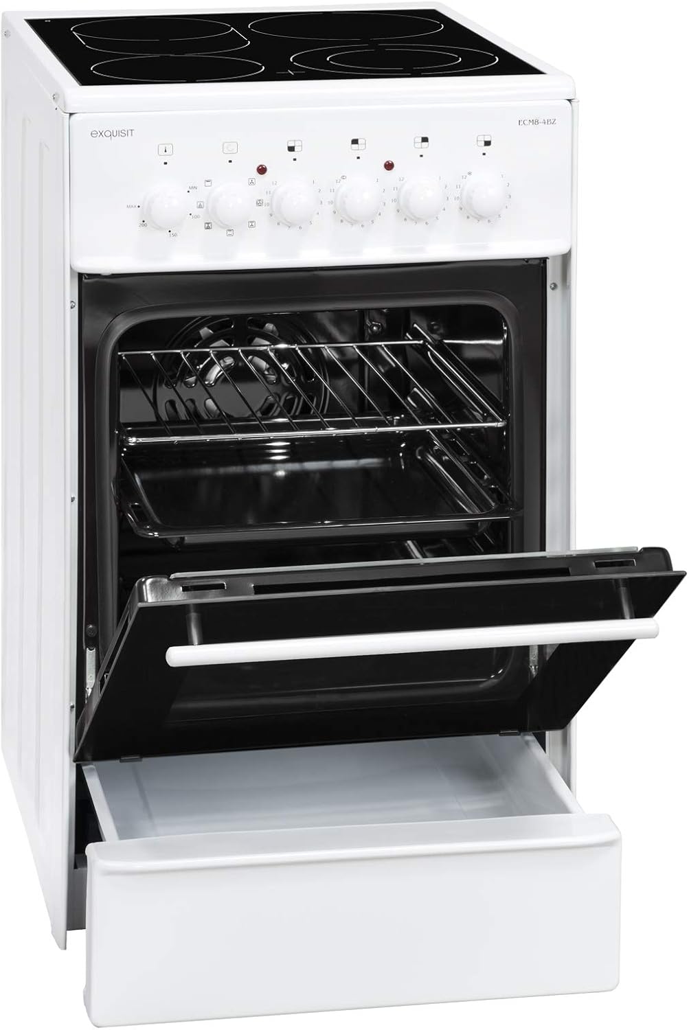Exquisit Standherd ECM 8-4 BZ | Elektro-Standherd | 2-Kreis-Bräterzone | Glaskeramik-Kochfeld | 46 Liter Garraum | weiß