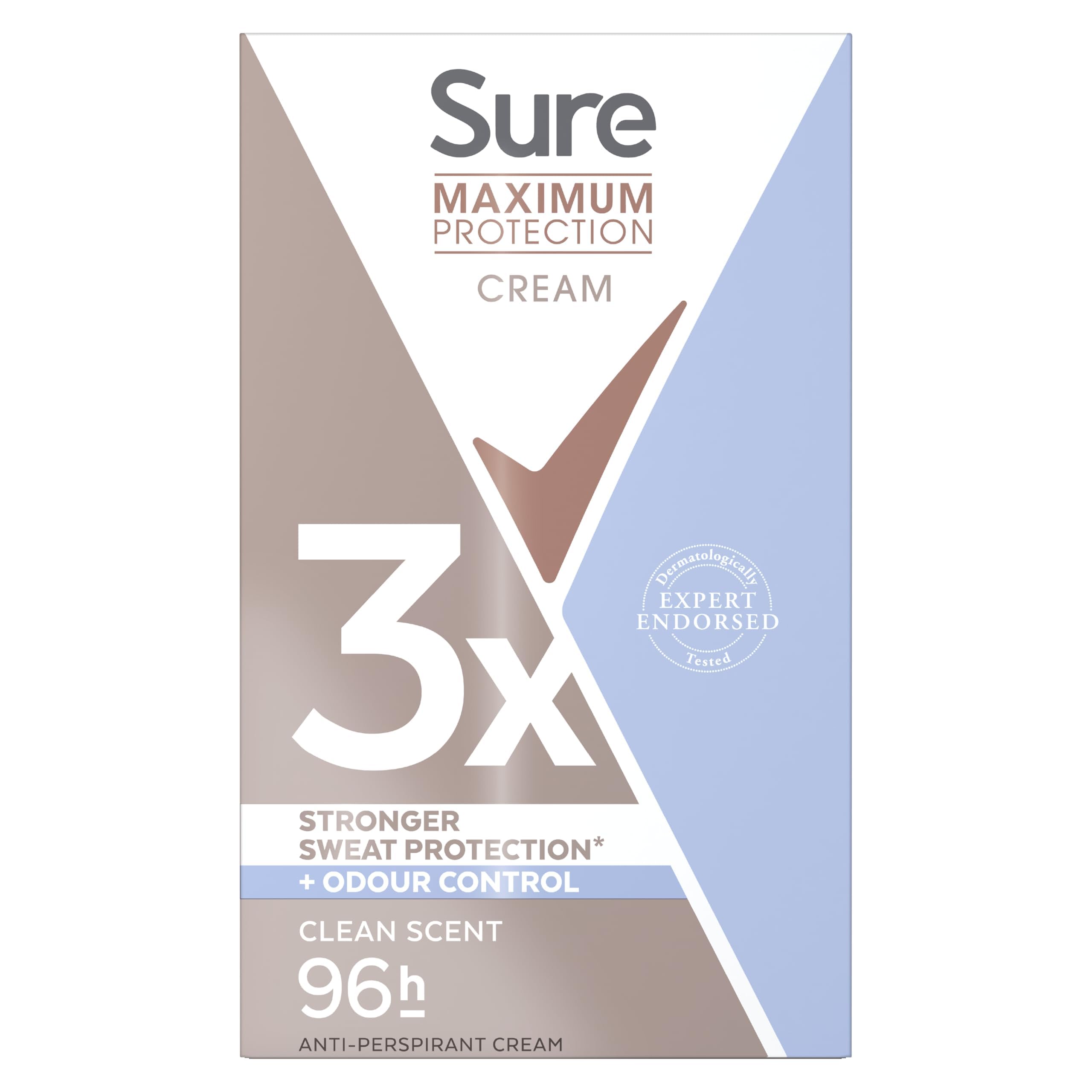 Sure Women Maximum Protection Clean Scent Antiperspirant Deodorant Cream Stick with 3x stronger* sweat protection for 96 hour sweat and odour protection 45 ml
