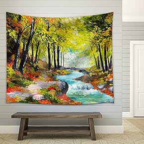 Landscape Oil Painting - River in Autumn Forest - Fabric Wall Tapestry Home Decor - 51x60 inches