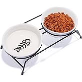 Anti-Vomiting Raised Cat Bowls - 2 × 13 oz Ceramic Cat Food & Water Bowls with Non-Slip Stainless Steel Stand, Dishwasher Safe for Indoor Cats