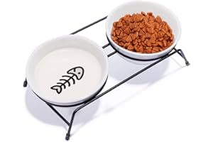 COMESOON Upgraded 13 oz Ceramic Elevated Cat Food Bowls - Raised 2 Dishes with Stainless Steel Stand, Non-Slip and Anti-Rust, for Indoor Cats and Small Dogs, Dishwasher Safe