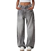 Kodaruber Women Low Waisted Baggy Jeans Vintage Mid Rise Loose Fit Wide Leg Boyfriend Jeans Trendy Denim Pants Streetwear