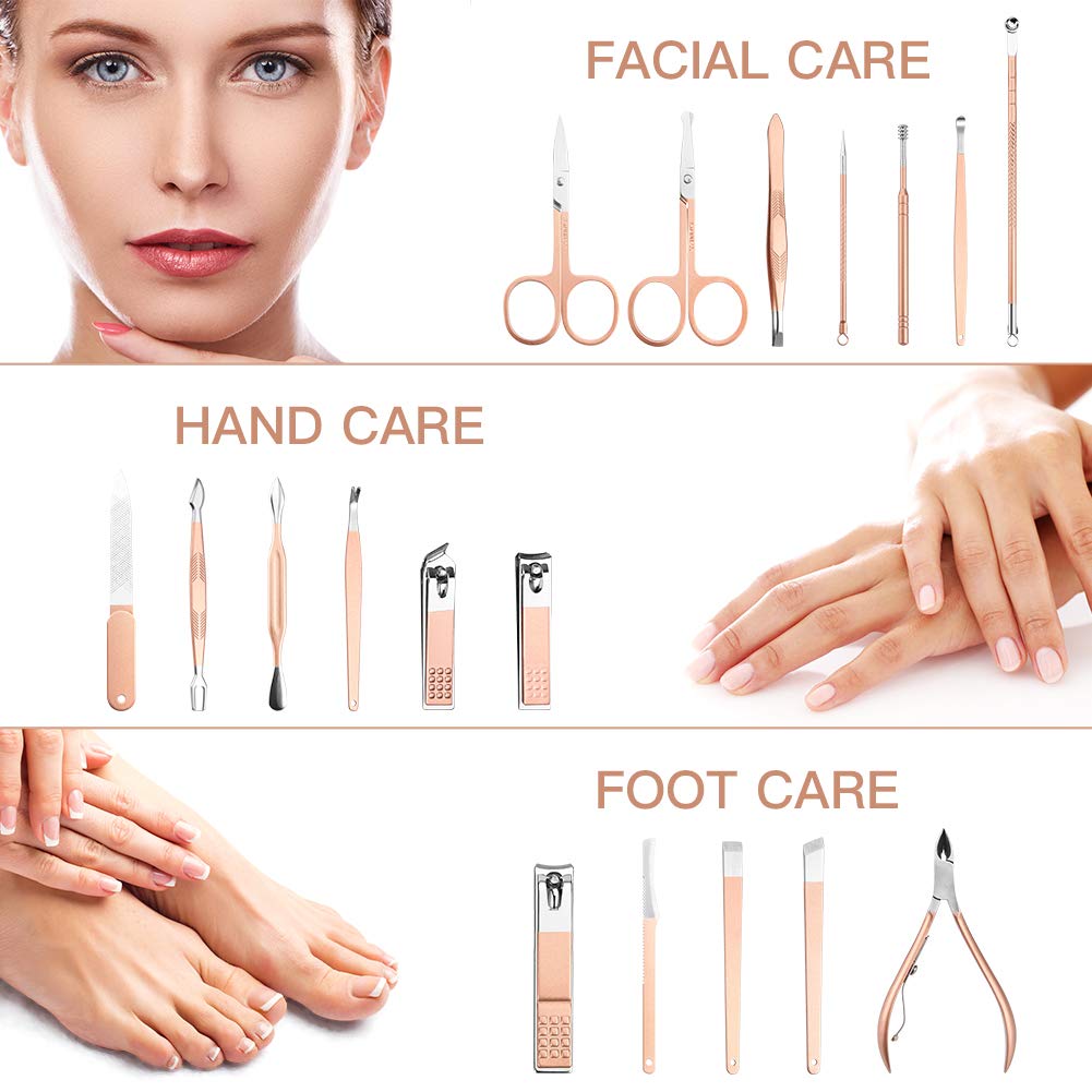Manicure Set, 18 In 1 Ultra Sharp Sturdy Nail Clippers Sets, Manicure Kit for Men and Women, Professional Nail Care Tools for Fingernails & Toenails, Pedicure Kit with Portable Stylish Case(Rose Gold) : Beauty