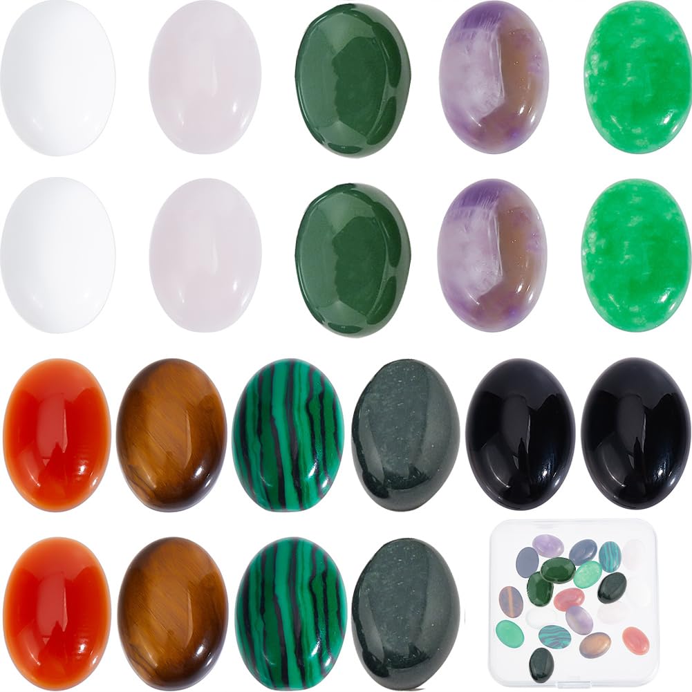 SUNNYCLUE 1 Box 20Pcs Stone Cabochons Flatback Natural Gemstone Cabochons Oval Cabochon 14x10mm Flat Back No Hole Tiger Eye Amethyst Rose Quartz Flatback Stones for Jewelry Making Finger Ring Craft