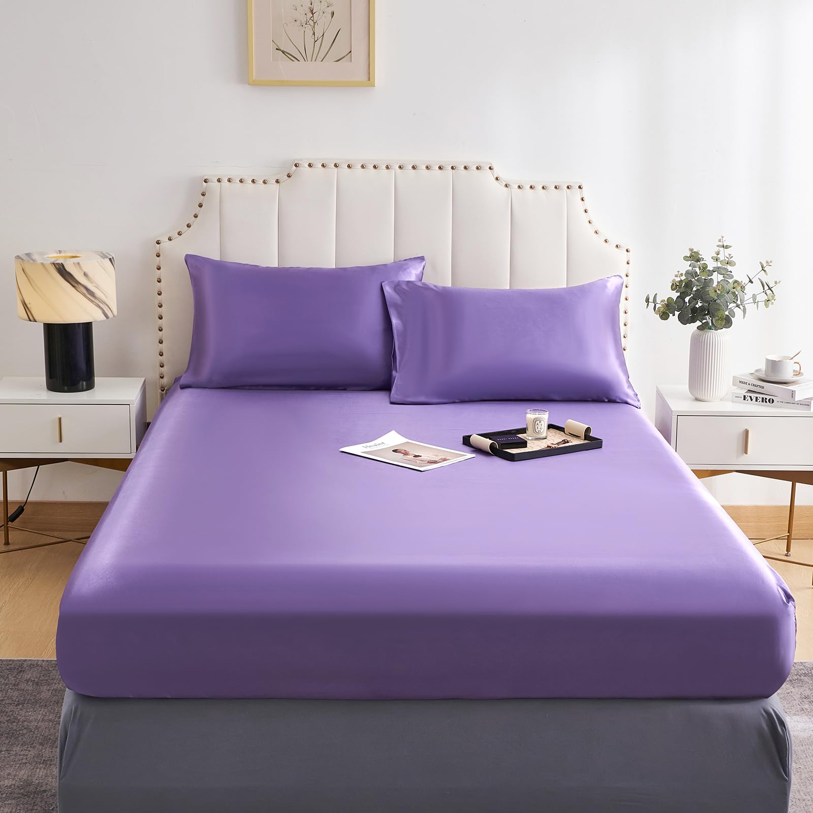 DuShow Fitted Sheet-Deep Pocket Satin Silky Bed Sheet,Breathable Soft and Comfortable-Wrinkle,Fade,Satin and Abrasion Resistant(Double,Purple) — image 1