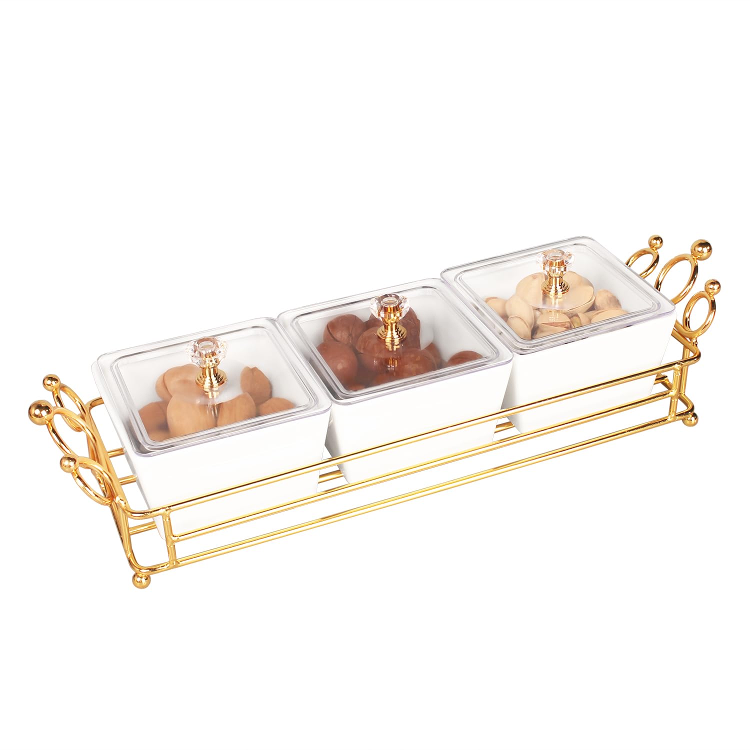 jinsongdafa Ceramic Serving Bowls with lid Metal Dishes, 3 Removable Small Bowls Relish Tray Nuts Dishes for Snack, Fruits, Sugar, Candies - for Parties, Party, Gift