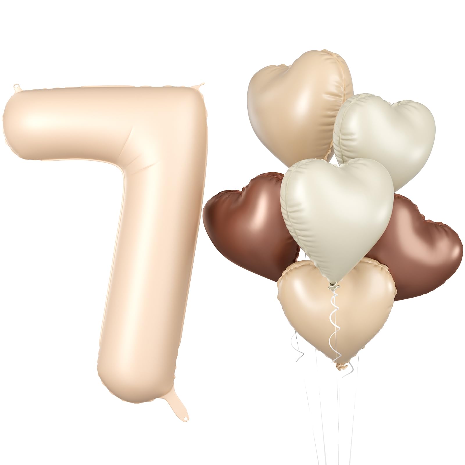 Biapian 40 Inch Light Brown Number 7 Balloons, Apricot Large Number 7 Balloon with 18'' Retro Foil Heart Balloons Helium for Neutral Boys Girls 7th Birthday Decorations Baby Shower Party Supplies