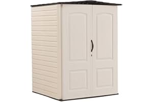 Rubbermaid Medium Vertical Resin Outdoor Storage Shed With Floor (4.3 x 4.6 Ft), Weather Resistant, Beige/Brown, Organization for Home/Backyard/Garden Tools/Lawn Mower/Bike Storage/Pool Supplies